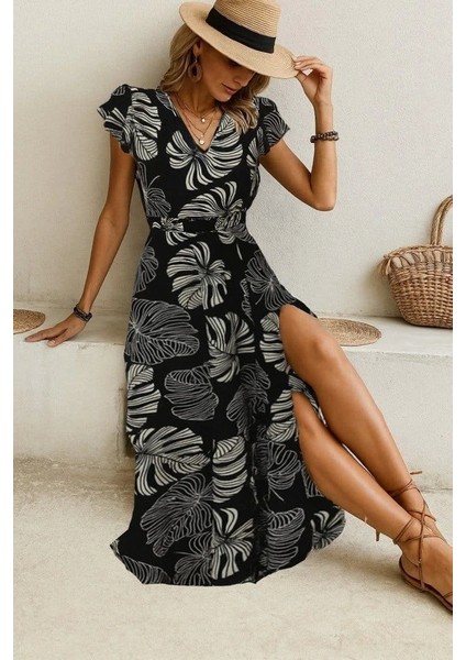 Kadın Kısa Kollu V Yakalı Desenli Yandan Yırtmaçlı Süprem Elbise