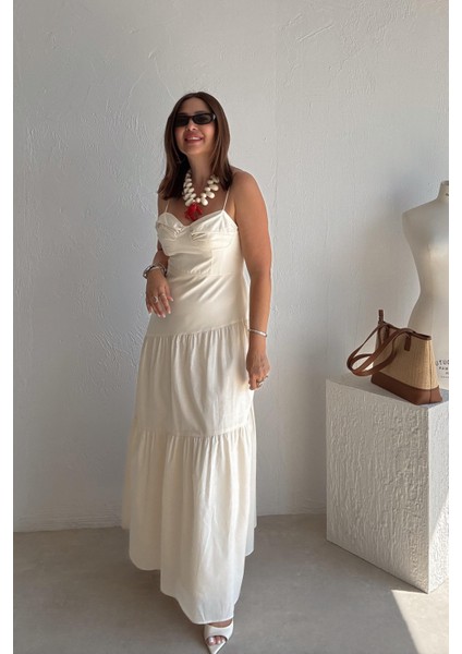 Ekru Ince Askılı Uzun Elbise