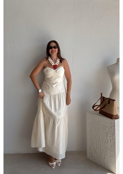 Ekru Ince Askılı Uzun Elbise fiyatları