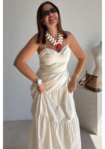 Ekru Ince Askılı Uzun Elbise fırsatları