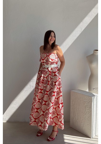 Ekru Istiridye Desen Kemerli Elbise