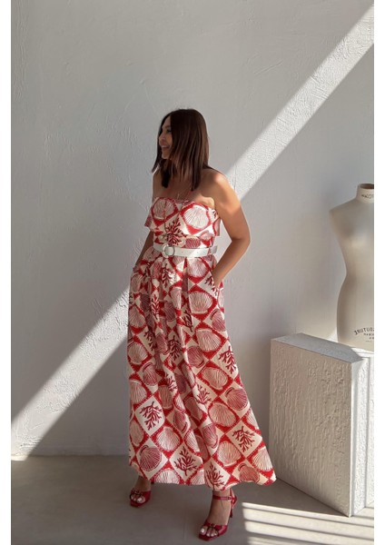 Ekru Istiridye Desen Kemerli Elbise fiyatları