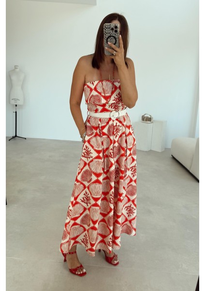 Ekru Istiridye Desen Kemerli Elbise fırsatları