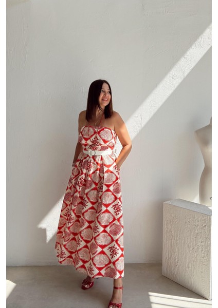 Ekru Istiridye Desen Kemerli Elbise indirimleri