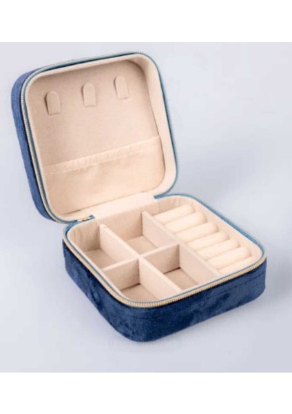 Mini Lacivert Takı Kutusu, Seyahat Için Fermuarlı Düzenleyici, Kolye, Yüzük ve Küpe.