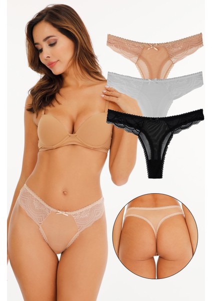 Kadın Dantelli ve Fiyonklu 3'lü Külot Set - KTS2056 (Geniş Kalıp)