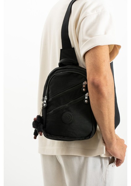 Unisex Kırinkıl Kumaş Suya Dayanıklı Ayarlanabilir Askılı Çok Bölmeli Siyah Renkli Omuz Çantası Body Bag