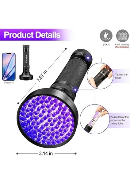 100 LED 395NM Mor Işık Uv El Feneri - Ultraviyole Siyah Fener - Ev Otel Evcil Hayvan Para