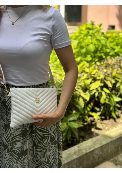 Kadın Suni Deri Ayarlanabilir Çapraz ve El Askılı Beyaz Renkli Portföy, Clutch Çanta