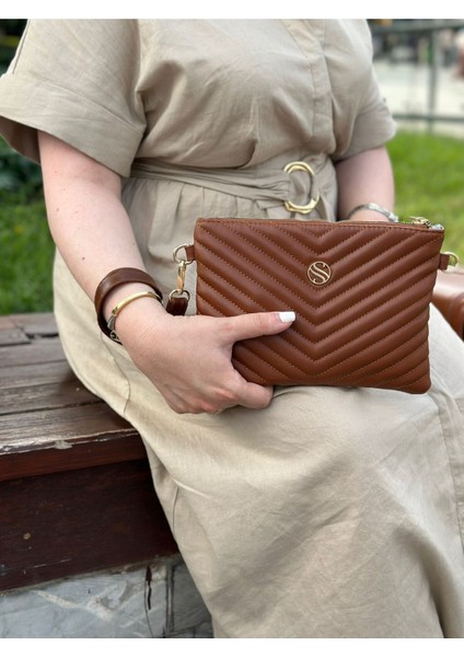 Kadın Suni Deri Ayarlanabilir Çapraz ve El Askılı Taba Renkli Portföy, Clutch Çanta
