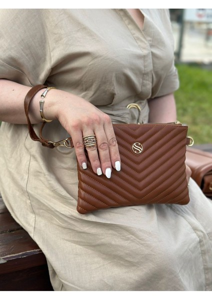 Kadın Suni Deri Ayarlanabilir Çapraz ve El Askılı Taba Renkli Portföy, Clutch Çanta