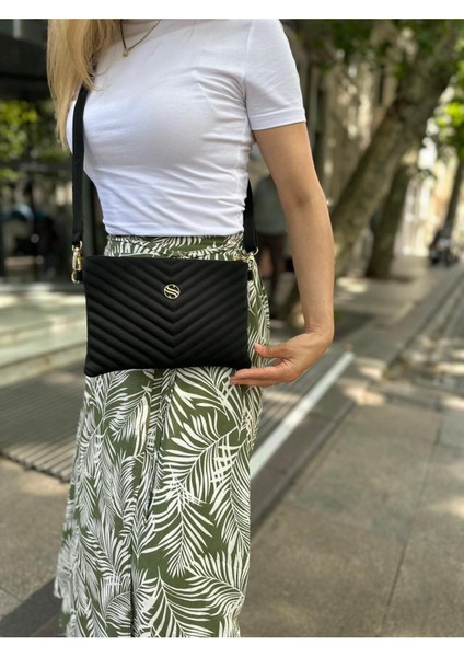 Kadın Siyah Renkli Saten Kumaş Ayarlanabilir Çapraz ve El Askılı Portföy, Clutch Çanta