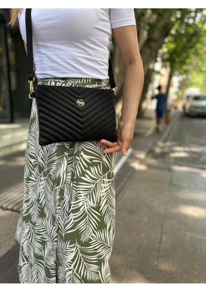 Kadın Siyah Renkli Saten Kumaş Ayarlanabilir Çapraz ve El Askılı Portföy, Clutch Çanta