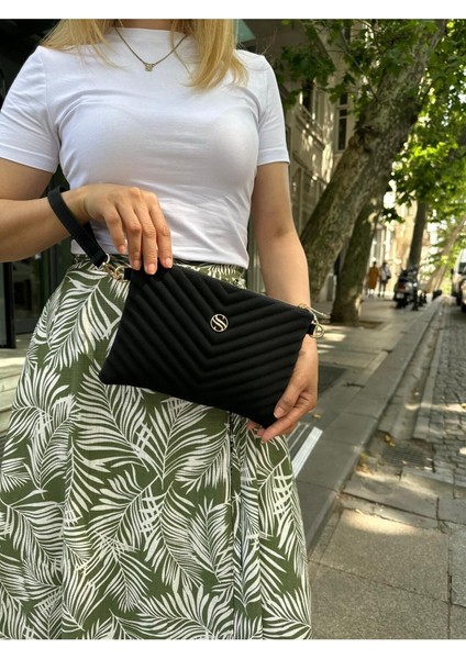 Kadın Siyah Renkli Saten Kumaş Ayarlanabilir Çapraz ve El Askılı Portföy, Clutch Çanta