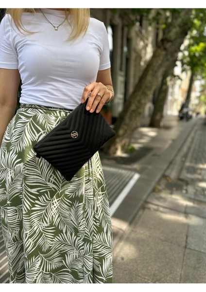 Kadın Siyah Renkli Saten Kumaş Ayarlanabilir Çapraz ve El Askılı Portföy, Clutch Çanta