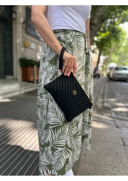 Kadın Siyah Renkli Saten Kumaş Ayarlanabilir Çapraz ve El Askılı Portföy, Clutch Çanta