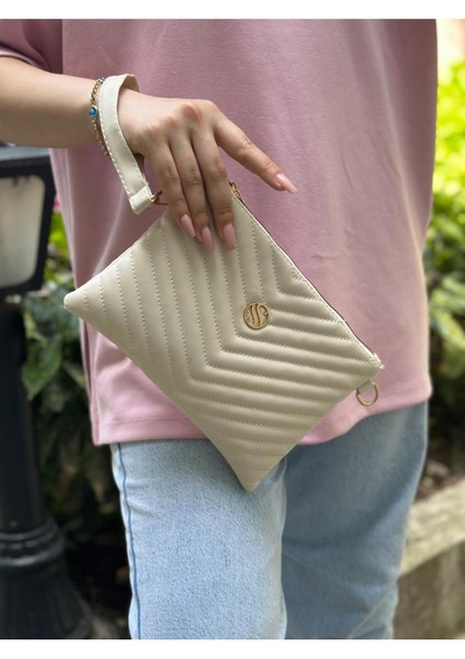 Kadın Suni Deri Ayarlanabilir Çapraz ve El Askılı Krem Renkli Portföy, Clutch Çanta