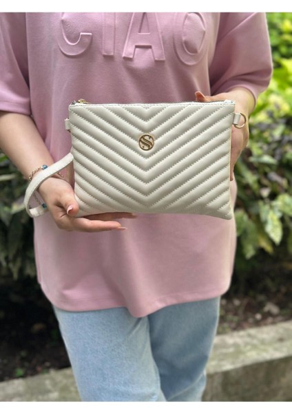 Kadın Suni Deri Ayarlanabilir Çapraz ve El Askılı Krem Renkli Portföy, Clutch Çanta