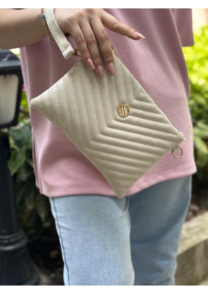 Kadın Suni Deri Ayarlanabilir Çapraz ve El Askılı Krem Renkli Portföy, Clutch Çanta