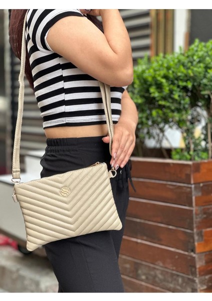 Kadın Suni Deri Ayarlanabilir Çapraz ve El Askılı Kum Mat Deri Portföy, Clutch Çanta