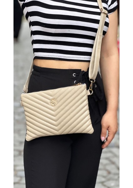 Kadın Suni Deri Ayarlanabilir Çapraz ve El Askılı Kum Mat Deri Portföy, Clutch Çanta