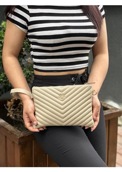 Kadın Suni Deri Ayarlanabilir Çapraz ve El Askılı Kum Mat Deri Portföy, Clutch Çanta