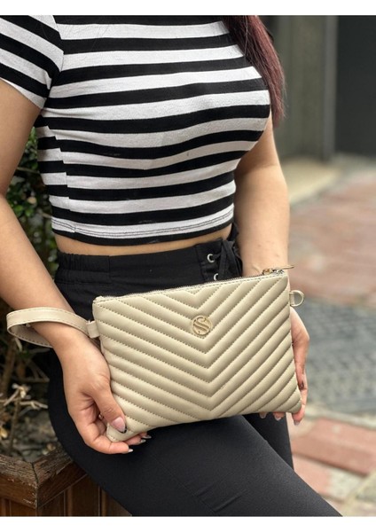 Kadın Suni Deri Ayarlanabilir Çapraz ve El Askılı Kum Mat Deri Portföy, Clutch Çanta