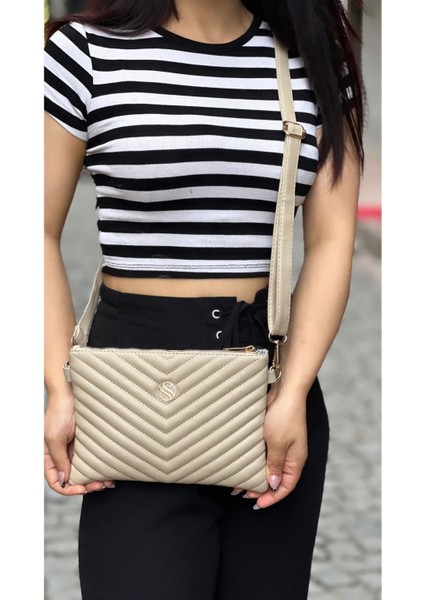 Kadın Suni Deri Ayarlanabilir Çapraz ve El Askılı Kum Mat Deri Portföy, Clutch Çanta