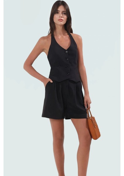 Rahat Yazlık Yelek Şort Takımı Finike Dokuma ve Çizgili Desen Günlük Kullanım Için