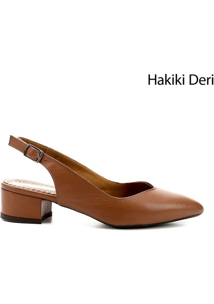 Gön Hakiki Deri Sivri Burun Kısa Kalın Topuklu Kadın Yazlık Ayakkabı 24173