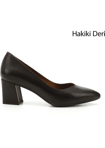 Kadın Kahve Sivri Burun Orta Kalın Topuklu Hakiki Deri Ayakkabı