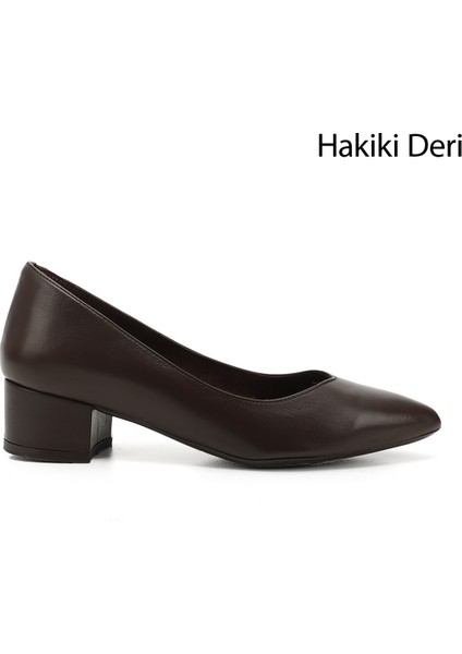 Kadın Kahve Kısa Kalın Topuklu Hakiki Deri Ayakkabı