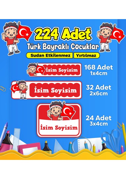 Türk Bayraklı Çocuklar Okul Kreş Kişiye Özel Isim Etiket Seti - Model 482