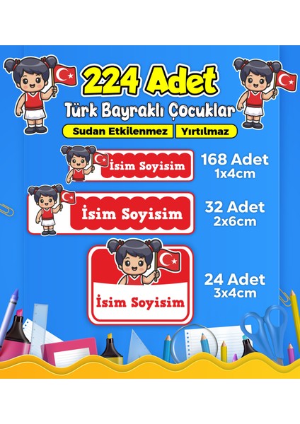 Türk Bayraklı Çocuklar Okul Kreş Kişiye Özel Isim Etiket Seti - Model 484