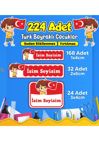 Türk Bayraklı Çocuklar Okul Kreş Kişiye Özel Isim Etiket Seti - Model 488