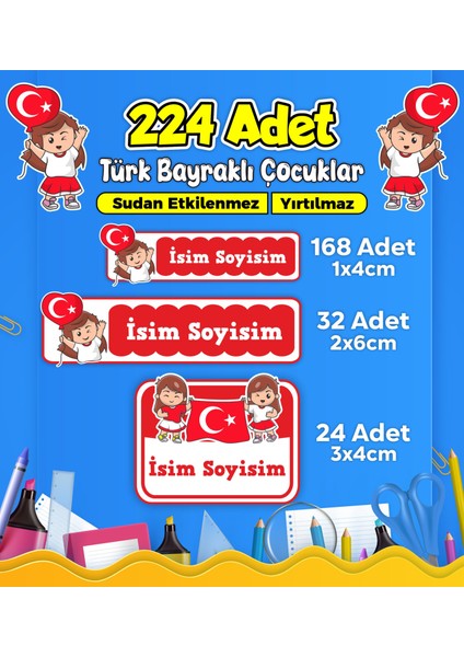 Türk Bayraklı Çocuklar Okul Kreş Kişiye Özel Isim Etiket Seti - Model 483