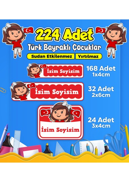 Türk Bayraklı Çocuklar Okul Kreş Kişiye Özel Isim Etiket Seti - Model 486