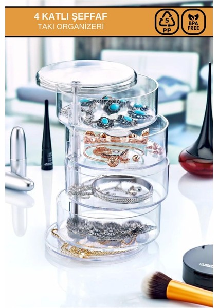 Dört Katlı Akrilik Dönen Takı ve Makyaj Organizeri, Şık ve Kullanışlı Tasarım