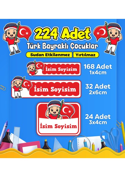 Türk Bayraklı Çocuklar Okul Kreş Kişiye Özel Isim Etiket Seti - Model 485