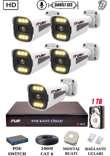 5 Kameralı Ip Güvenlik Kamerası Seti Sesli 4mp Gece Renkli Su Geçirmez 1506S 1tb