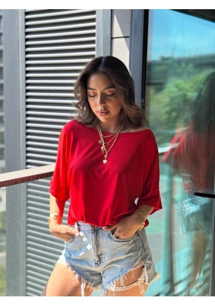 Kadın Tek Omuzu Açık Kısa Kollu Salaş Viskon Bluz fiyatları