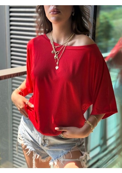 Kadın Tek Omuzu Açık Kısa Kollu Salaş Viskon Bluz modelleri