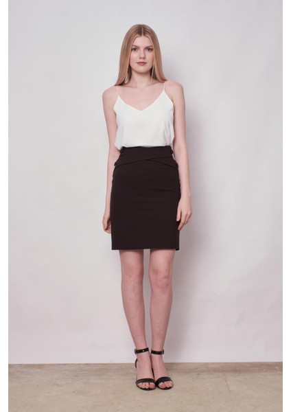Kadın Yüksek Bel Önü Düğmeli Diz Boy Kalem Etek-Siyah