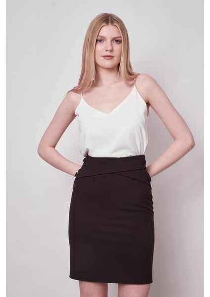 Kadın Yüksek Bel Önü Düğmeli Diz Boy Kalem Etek-Siyah fiyatları