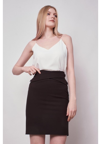 Kadın Yüksek Bel Önü Düğmeli Diz Boy Kalem Etek-Siyah modelleri