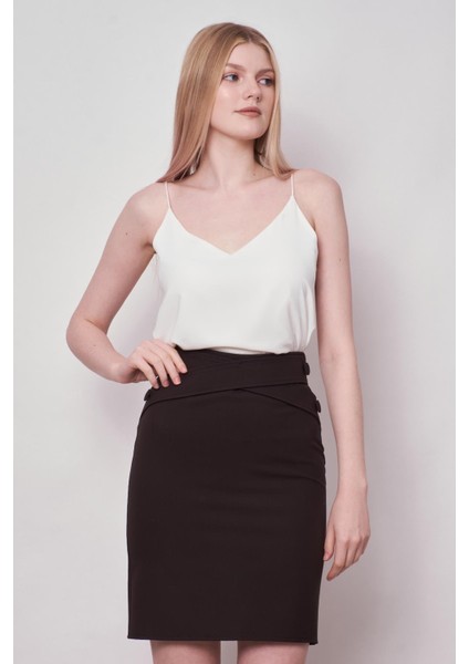 Kadın Yüksek Bel Önü Düğmeli Diz Boy Kalem Etek-Siyah fırsatları