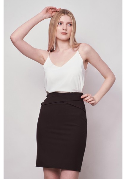 Kadın Yüksek Bel Önü Düğmeli Diz Boy Kalem Etek-Siyah indirimleri