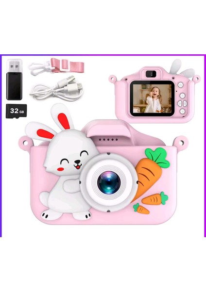 Çocuk Fotoğraf Makinesi Dijital Kamera Üst Kalite Full Hd Çift Lens+Kart+Kılıf+Tfokuyucu+Kordon