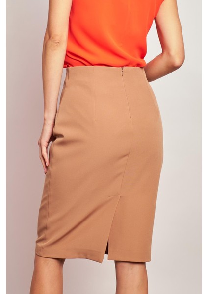 Astarlı Yüksek Bel Diz Altı Hafif Likralı Yırtmaçlı Kumaş Ofis Kalem Etek-Camel indirimleri