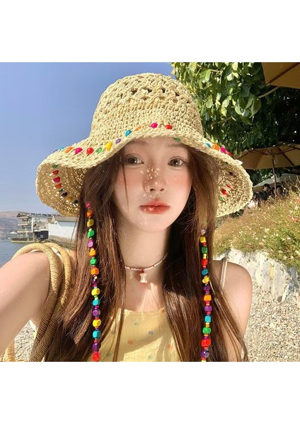 Fransız Hasır Şapka Kadın Yaz Yeni Nefes Alabilen Renk Boncuk Kolye Şapka Içi Boş Güneş Şapkası Deniz Şapkası Güneş Şapkası (Yurt Dışından)
